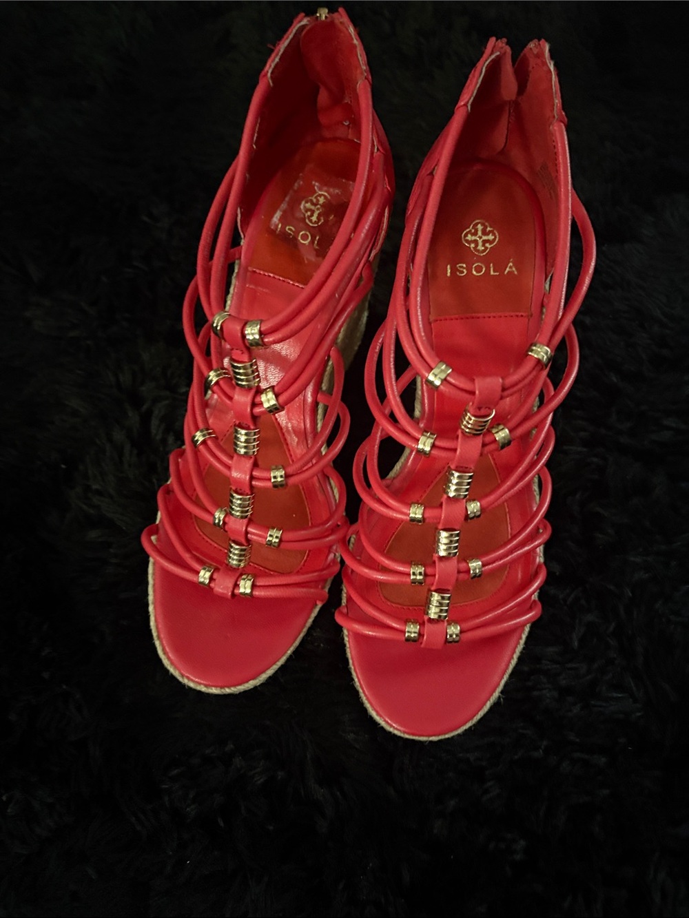 Isola Red Multi-Strap Gladiator Sandals with Gold Accents